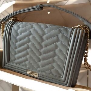 BCBG Paris Quilted Gray Shoulder Bag with Gold Chain